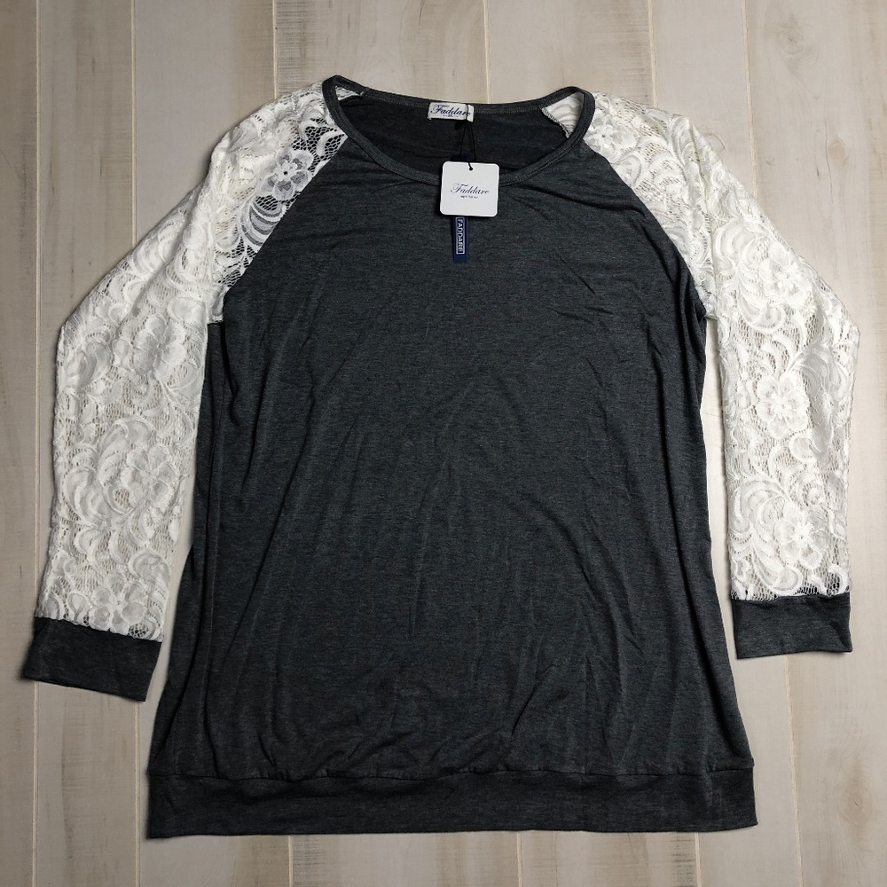 Faddare White Lace Grey Long Sleeves Women's Shirt